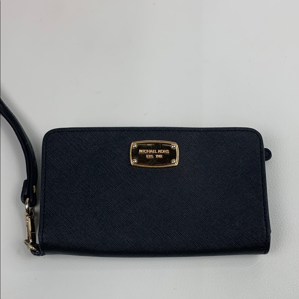 Michael Kors MK Black Gold Wristlet wallet Snap Close ID & slip Pockets Strap